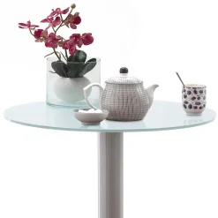 Runder Bartisch mit weißer Glasplatte Shaky & Edelstahlfuß^Wohnen Best