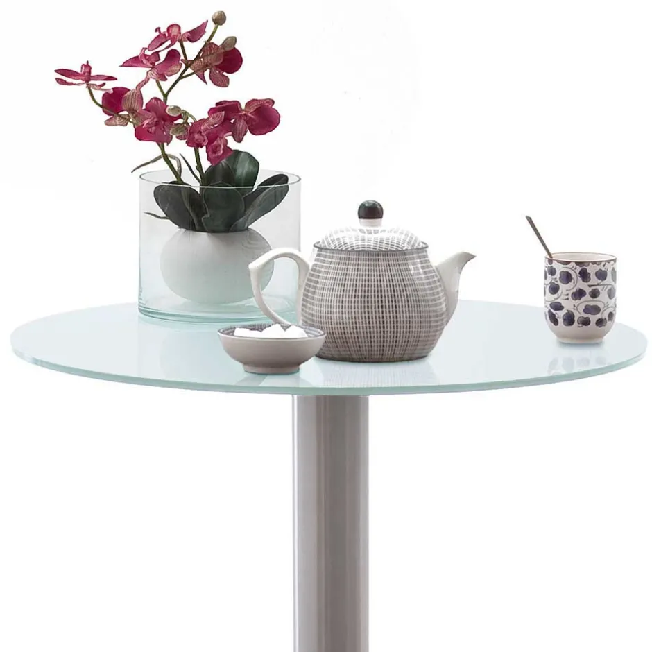 Runder Bartisch mit weißer Glasplatte Shaky & Edelstahlfuß^Wohnen Best