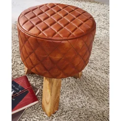 Wohnen Runder Echtleder Hocker mit drei Holzfüßen - Morian