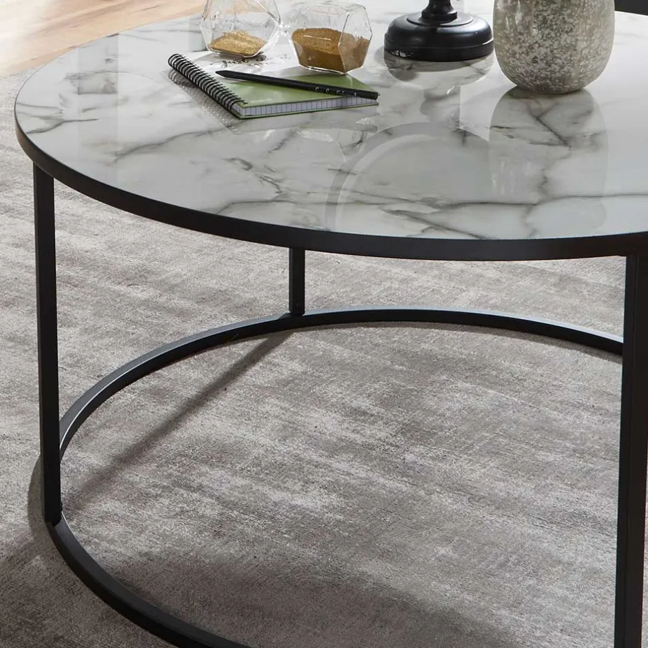 Wohnen Runder Hochglanz Wohnzimmertisch in Marmoroptik - Domi