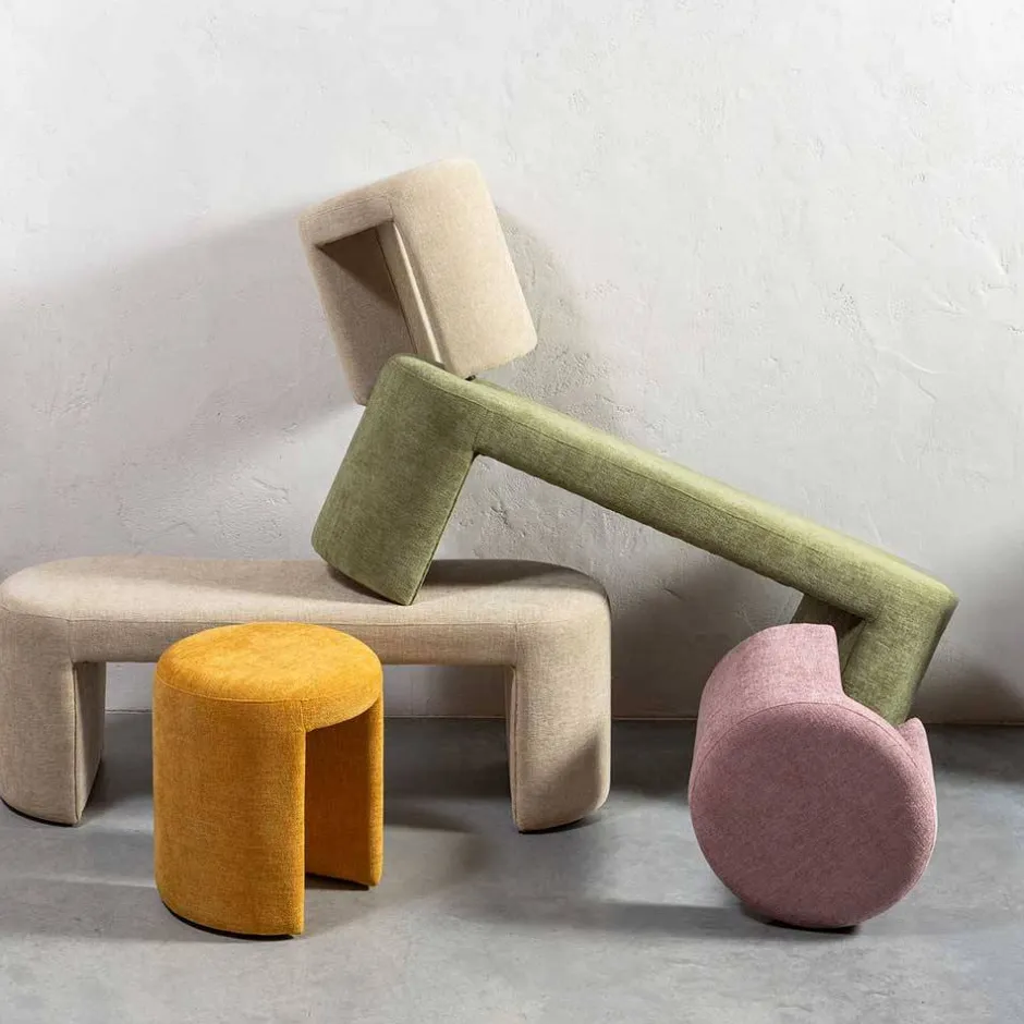 Runder Sitzhocker in Gelb Chenillebezug - Lourettes (2er Set)^Wohnen New