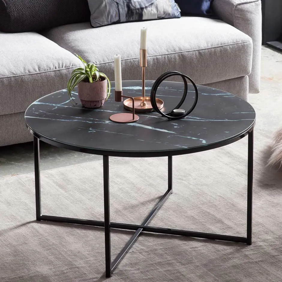 Runder Wohnzimmer Glastisch in Marmor Schwarz - Adiana^Wohnen