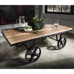 Wohnen Rustikaler Design Couchtisch mit Eisenrädern - Pistroga