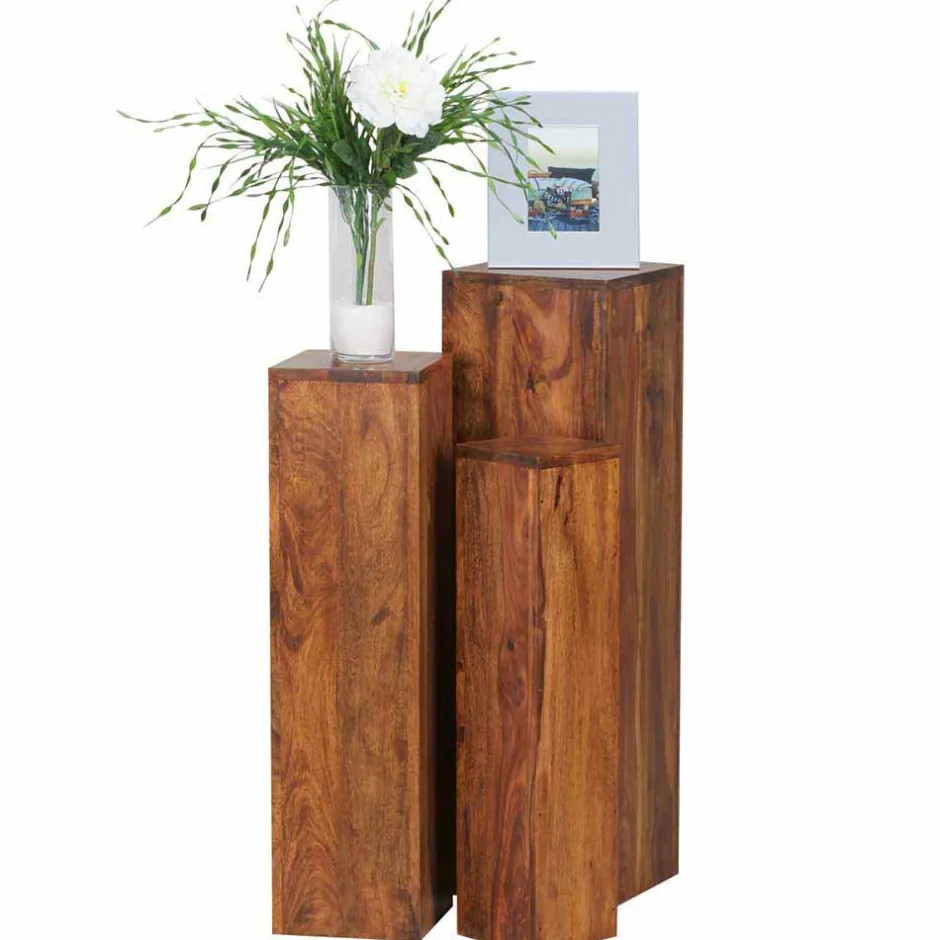 Wohnen Rustikales Holz Pflanzensäulen Set Hoslo aus Sheesham massiv (dreiteilig)