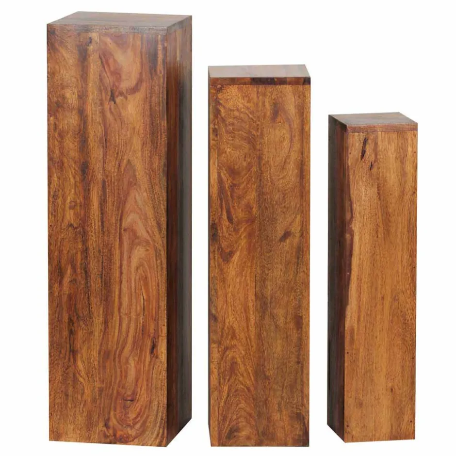 Wohnen Rustikales Holz Pflanzensäulen Set Hoslo aus Sheesham massiv (dreiteilig)