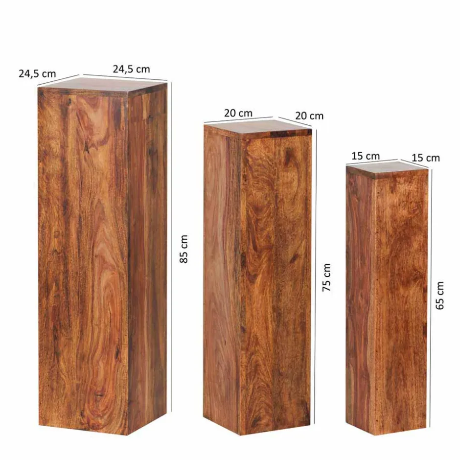 Wohnen Rustikales Holz Pflanzensäulen Set Hoslo aus Sheesham massiv (dreiteilig)