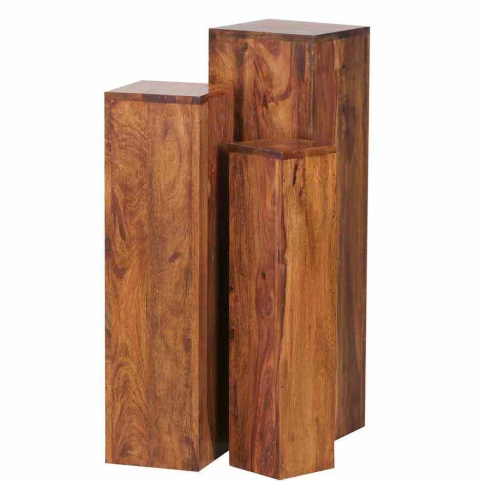 Wohnen Rustikales Holz Pflanzensäulen Set Hoslo aus Sheesham massiv (dreiteilig)