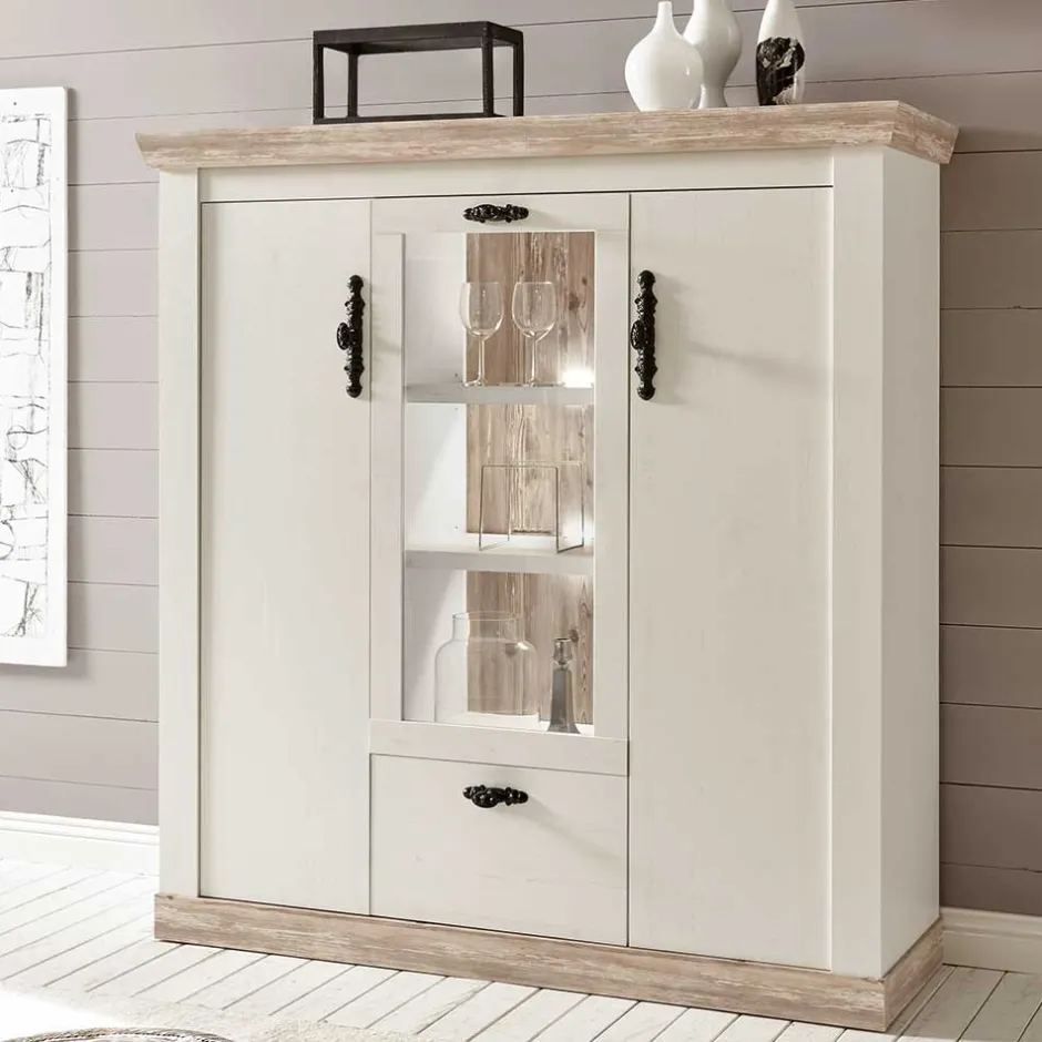 Wohnen Scandi Landhaus Highboard in Weiß Pinie Shabby Nedita 140 cm breit