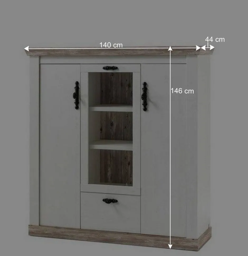 Wohnen Scandi Landhaus Highboard in Weiß Pinie Shabby Nedita 140 cm breit