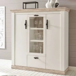 Wohnen Scandi Landhaus Highboard in Weiß Pinie Shabby Nedita 140 cm breit