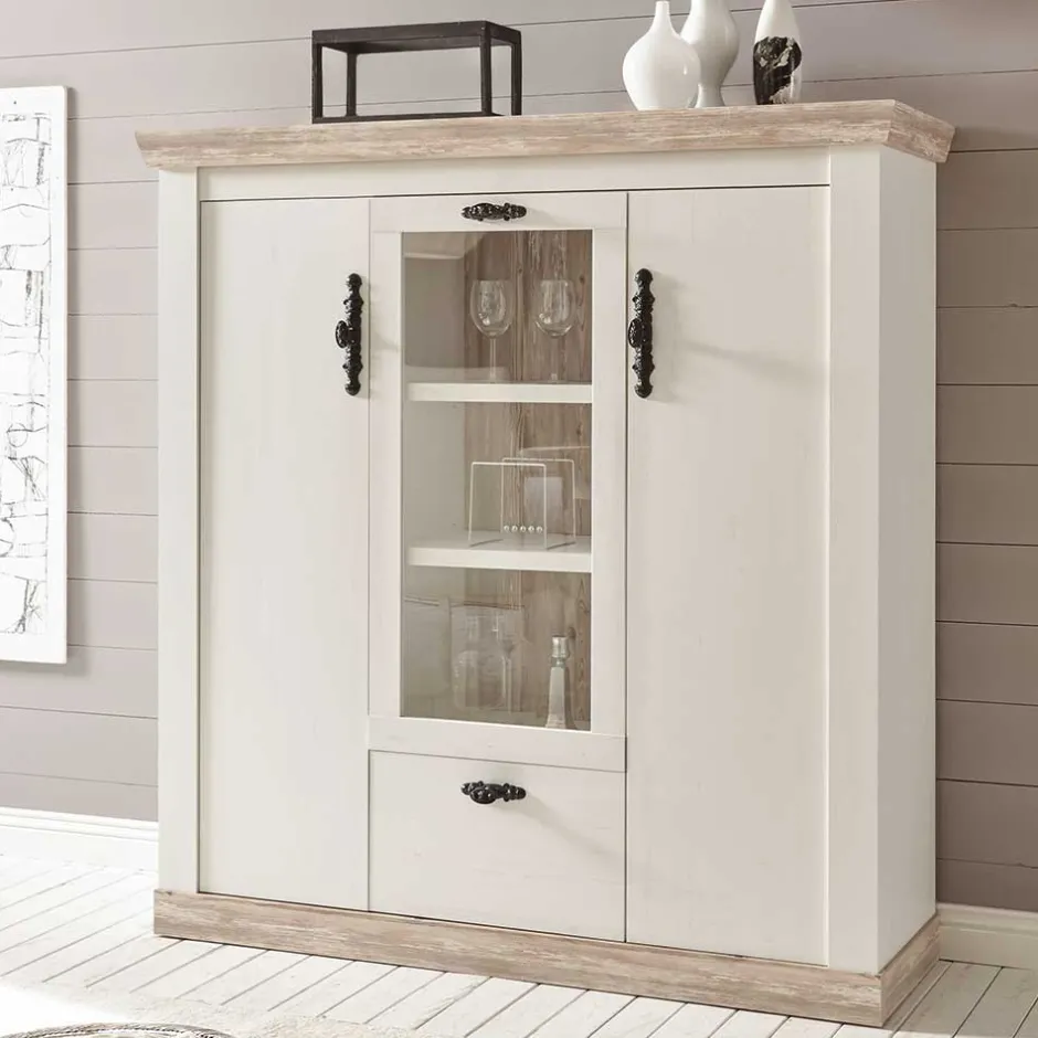 Wohnen Scandi Landhaus Highboard in Weiß Pinie Shabby Nedita 140 cm breit