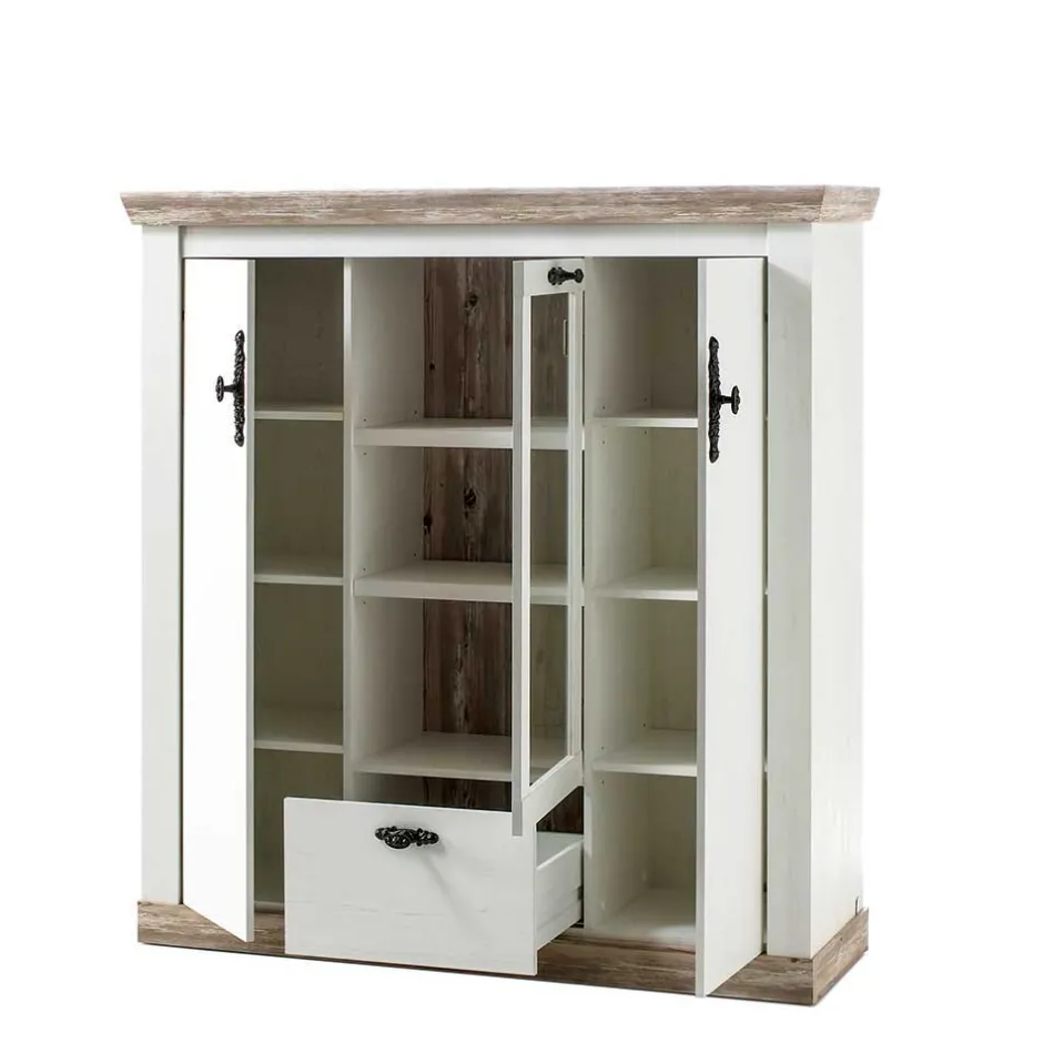Wohnen Scandi Landhaus Highboard in Weiß Pinie Shabby Nedita 140 cm breit