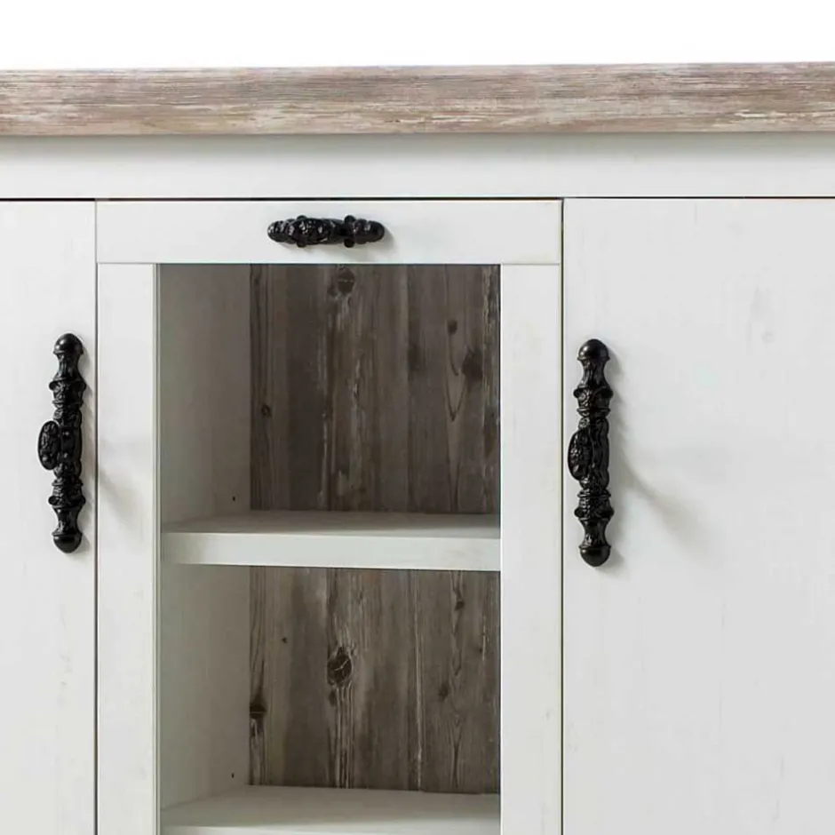 Wohnen Scandi Landhaus Highboard in Weiß Pinie Shabby Nedita 140 cm breit