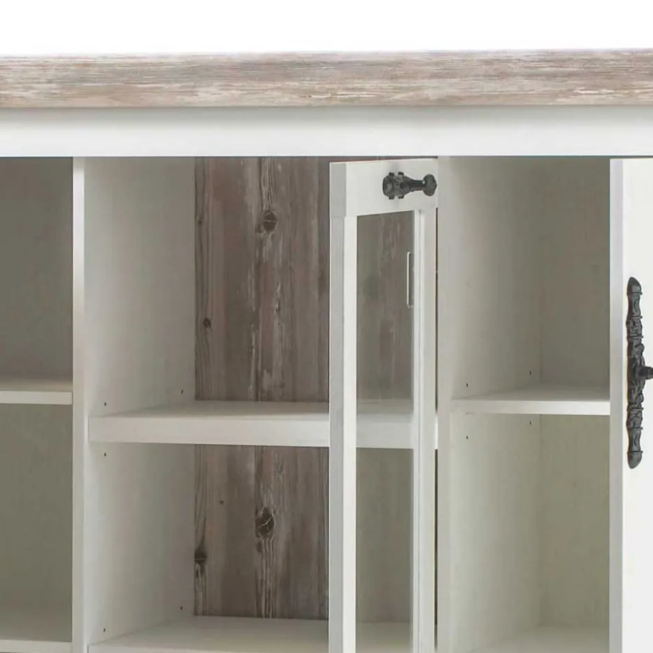 Wohnen Scandi Landhaus Highboard in Weiß Pinie Shabby Nedita 140 cm breit