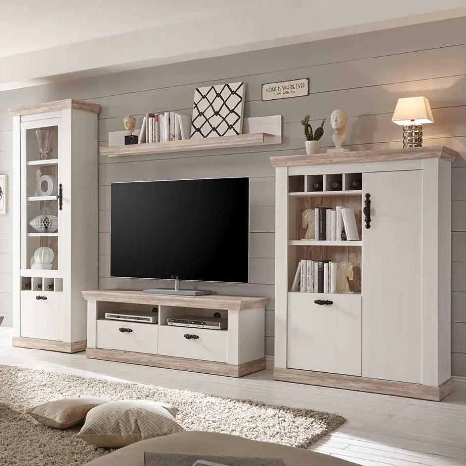 Wohnen Scandi Landhaus Wohnzimmermöbel Set Nedita in Weiß (vierteilig)