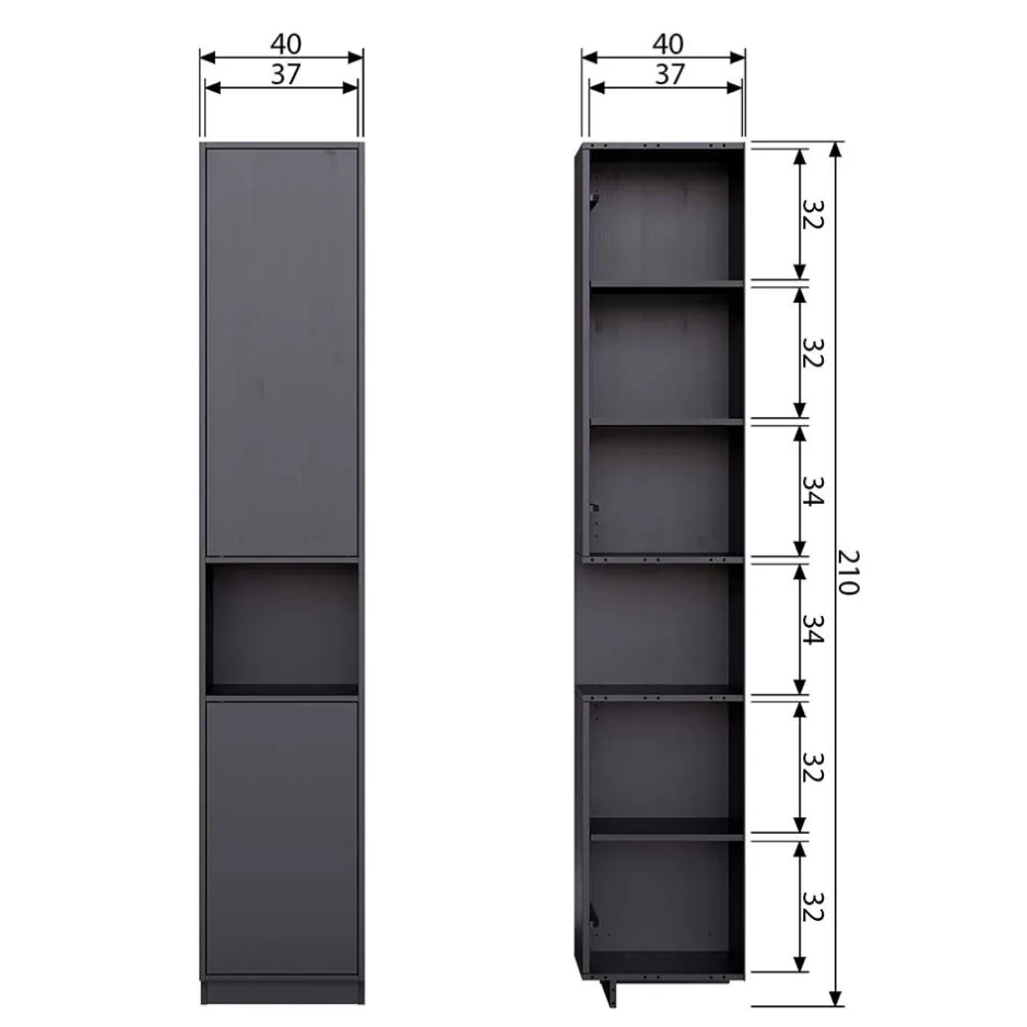 Wohnen Schmaler Hochschrank in Schwarz Kiefernholz teilmassiv - Niwidus