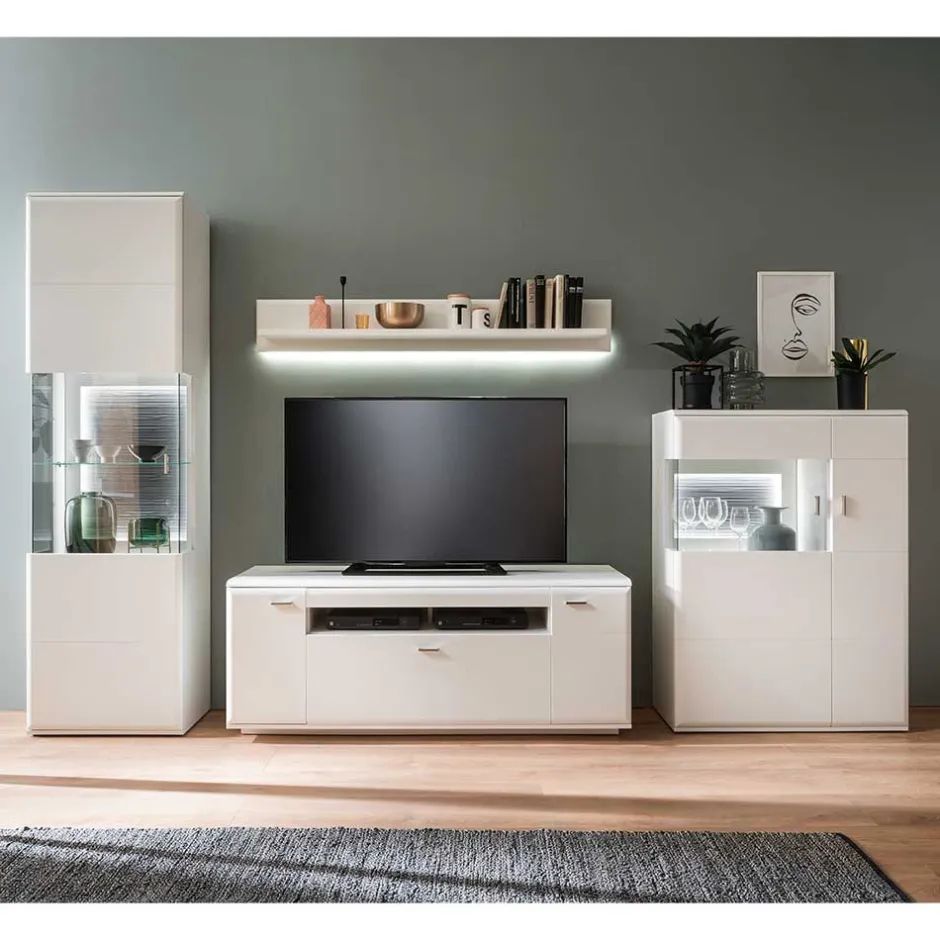 Schrankwand Wohnzimmer in Weiß - Hazime (vierteilig)^Wohnen