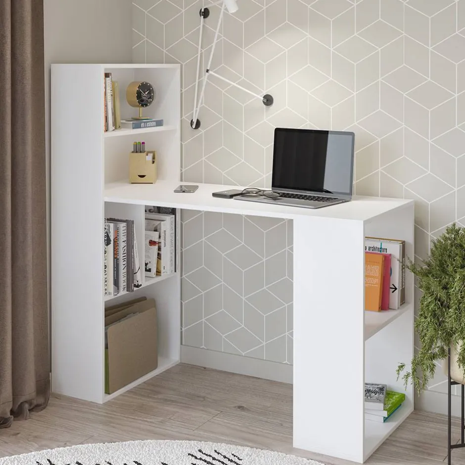 Wohnen Schreibtisch mit Regal in Weiß - Osicria