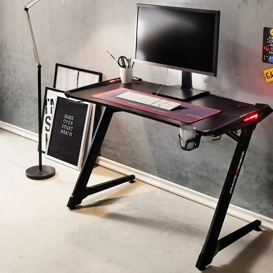 Schwarzer Gamer PC Tisch mit LED Beleuchtung - Frogs^Wohnen Outlet