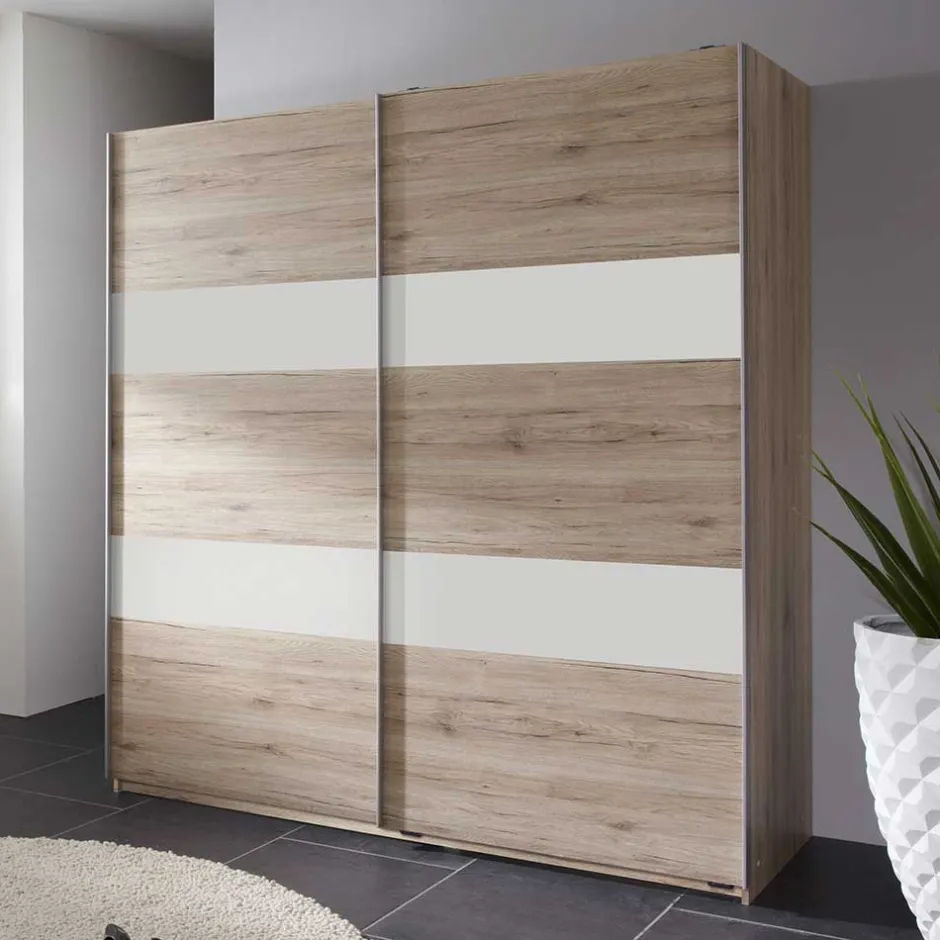 Wohnen Schwebetürenschrank in Eiche San Remo & Weiß - Binokaranka