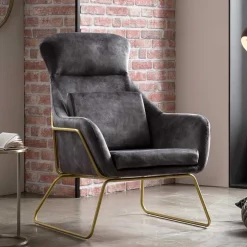 Wohnen Sessel in Grau Samtvelours & Messing Metall - Henrics