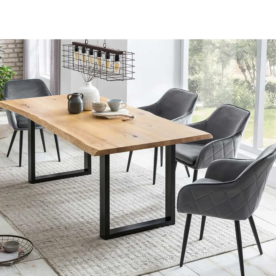 Wohnen Set Baumkantentisch & Samtstühle - Sylverta (fünfteilig)