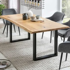 Wohnen Set Baumkantentisch & Samtstühle - Sylverta (fünfteilig)