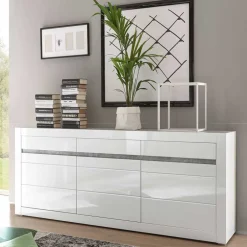 Sideboard mit 3 gedämpften Türen Mextra in Weiß Hochglanz^Wohnen
