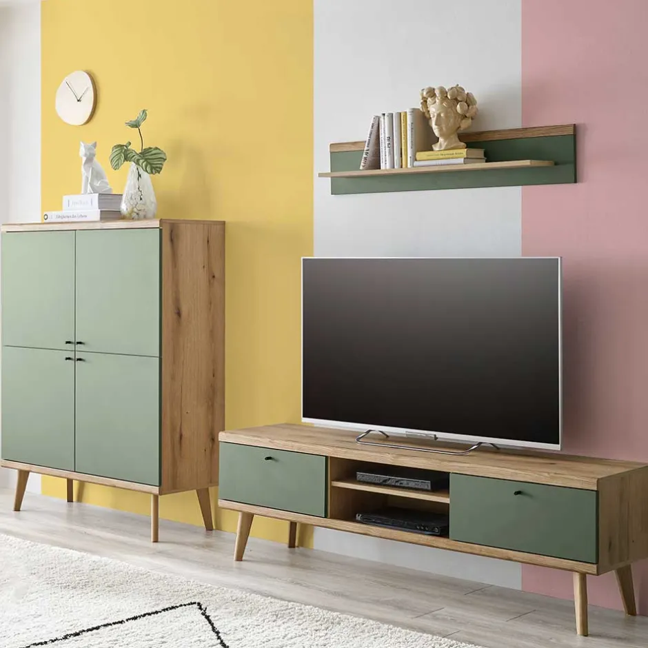 Wohnen Skandi TV Anbauwand Möbel in Graugrün - Oliva (dreiteilig)