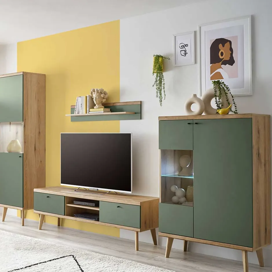 Wohnen Skandi Wohnwand in Graugrün - Oliva (vierteilig)