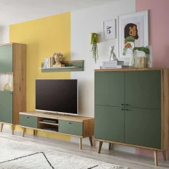 Wohnen Skandi Wohnwand Möbel in Graugrün - Oliva (vierteilig)