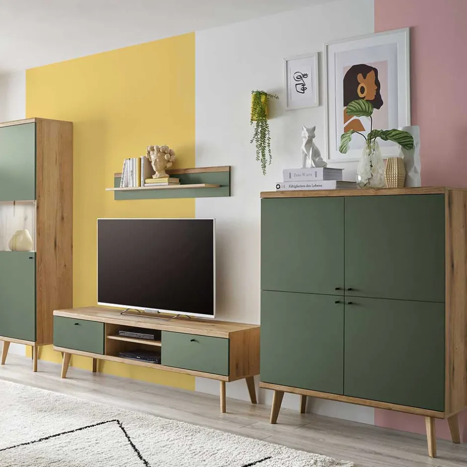 Wohnen Skandi Wohnwand Möbel in Graugrün - Oliva (vierteilig)