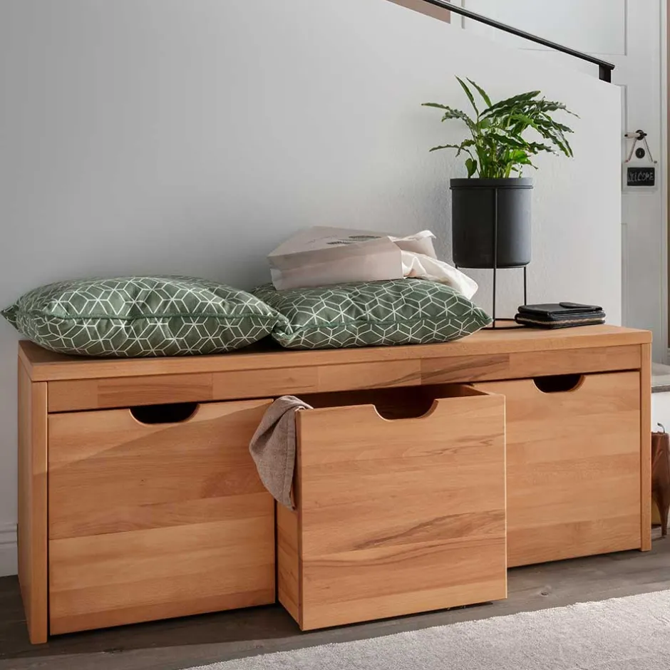 Wohnen Stauraumbank mit 3 Kisten aus Buche - Shimousa