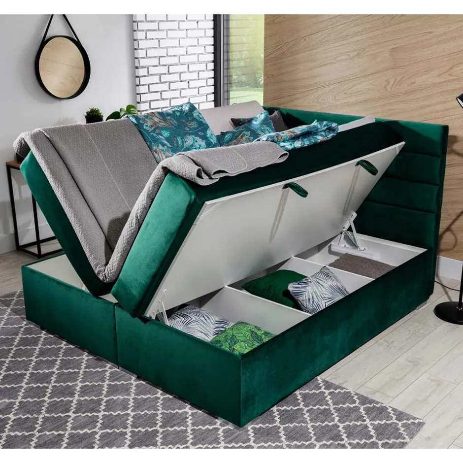 Wohnen Stauraumbett in Dunkelgrün Veloursbezug - Waruna
