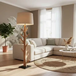 Wohnen Stehlampe mit Stoffschirm und Naturholz Fuß - Longli