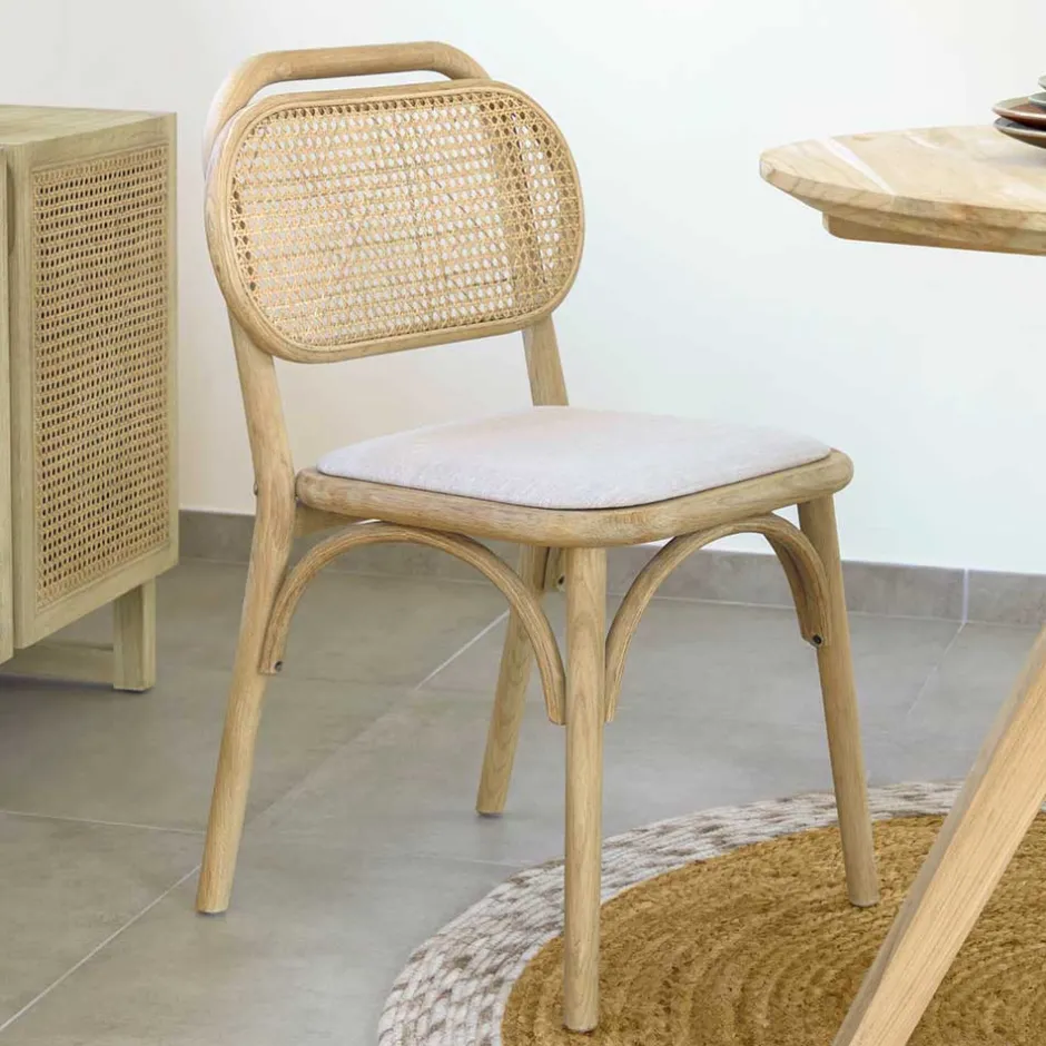 Stuhl mit Wiener Geflecht & Stoffsitz Beige - Fiorenza (2er Set)^Wohnen Outlet
