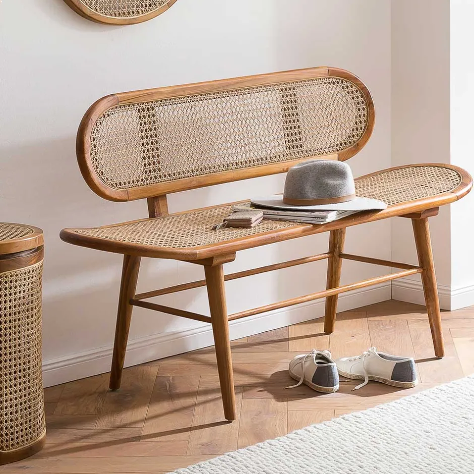 Teak Wohnraum Bank mit Wiener Geflecht - Feliana^Wohnen Online