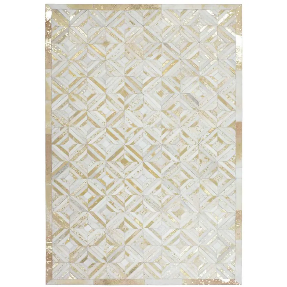 Wohnen Teppich aus Leder mit kurzem Fell in Creme & Gold - Meridus