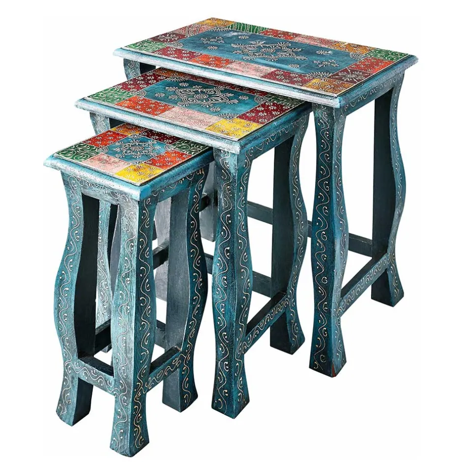 Wohnen Toller Dreisatztisch in Blau & Bunt - Faneno (dreiteilig)