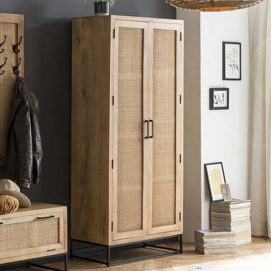 2-türiger Flurschrank aus Holz & Rattan Geflecht - Lazianus^Wohnen Discount