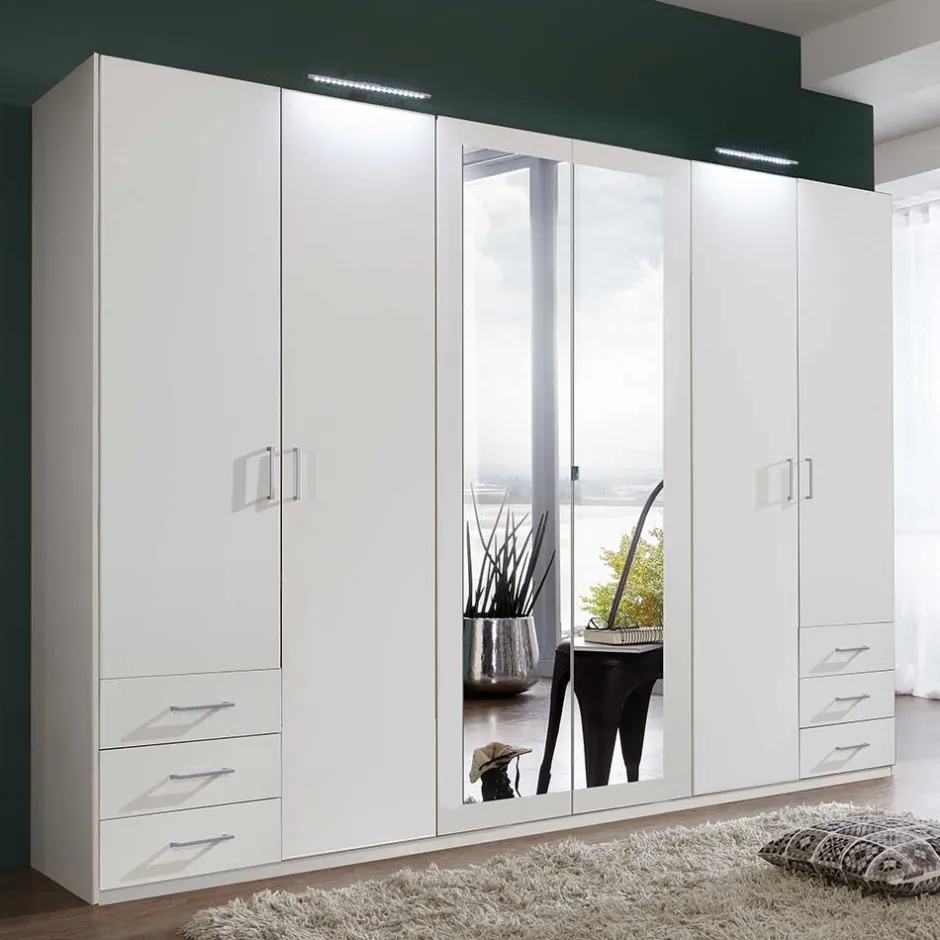 Wohnen 6-türiger Kleiderschrank in Weiß mit Spiegel - Furcia