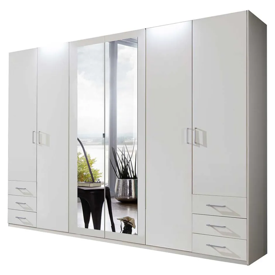 Wohnen 6-türiger Kleiderschrank in Weiß mit Spiegel - Furcia