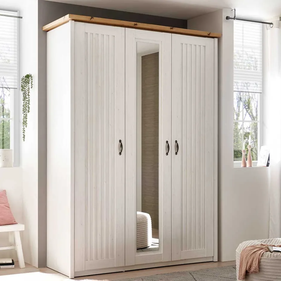 Wohnen 3-türiger Kleiderschrank in Weiß & Eiche Dekor - Malvissa