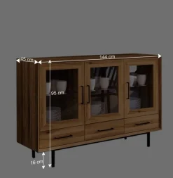 Wohnen 3-türiger Vitrinenschrank mit drei Schubladen - Kerfa