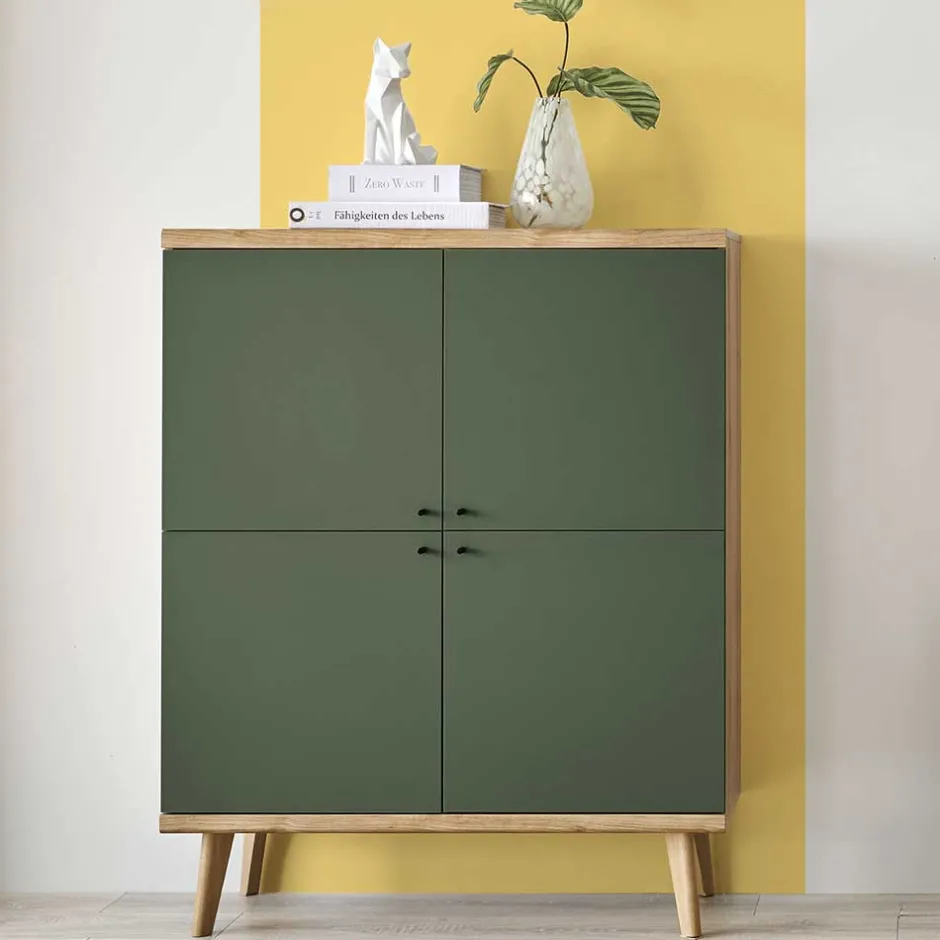 4-türiges Highboard in Graugrün und Wildeiche - Oliva^Wohnen Sale