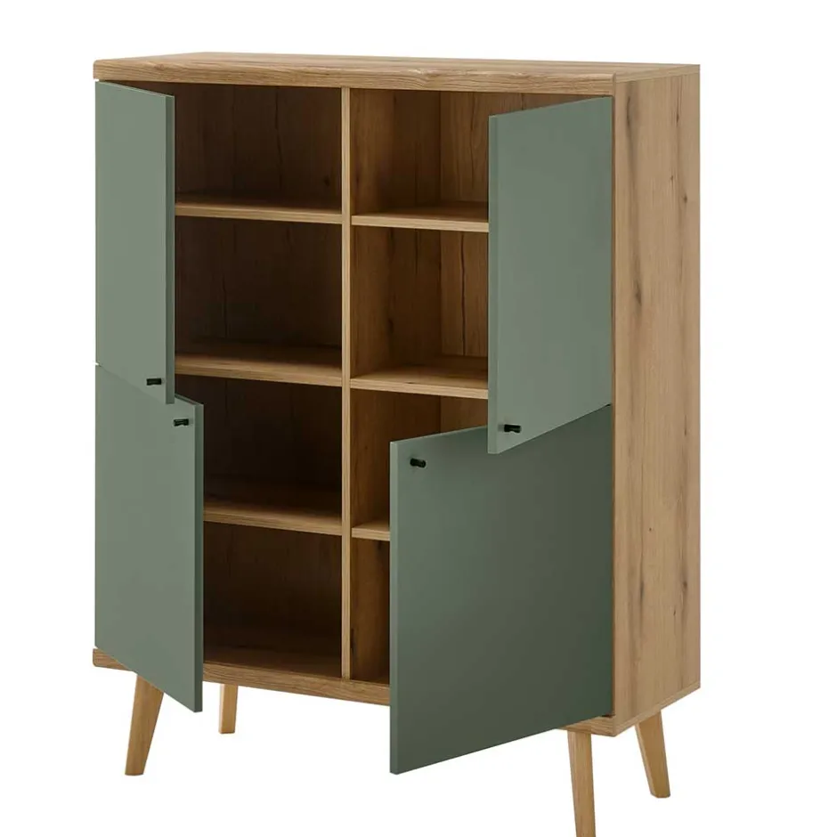 4-türiges Highboard in Graugrün und Wildeiche - Oliva^Wohnen Sale