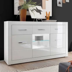 Wohnen 3-türiges Sideboard in Hochglanz Weiß & Glas Yulis mit 2 Schubladen