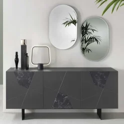 Wohnen 3-türiges Sideboard mit Marmor Einsätzen Schwarz - Wakes