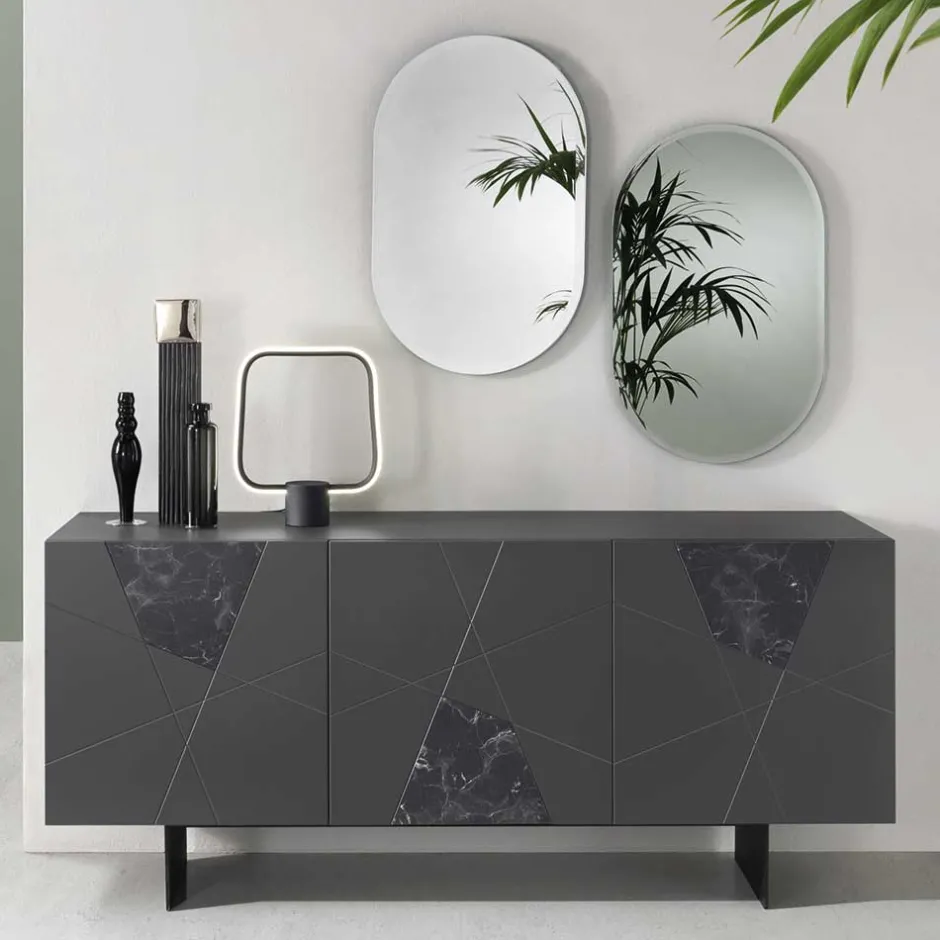 Wohnen 3-türiges Sideboard mit Marmor Einsätzen Schwarz - Wakes