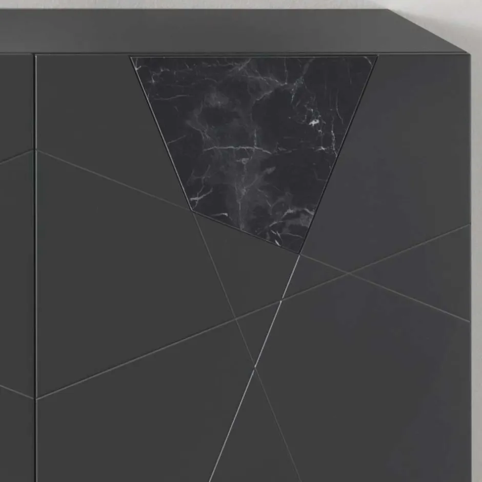 Wohnen 3-türiges Sideboard mit Marmor Einsätzen Schwarz - Wakes